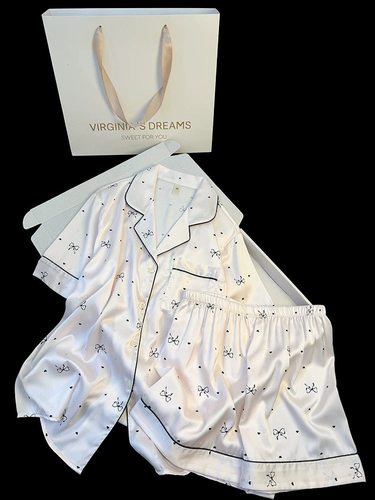 Summer high-grade ice silk pajamas for women short-sleeved shorts with sweet heart bow prints cool home clothes suit