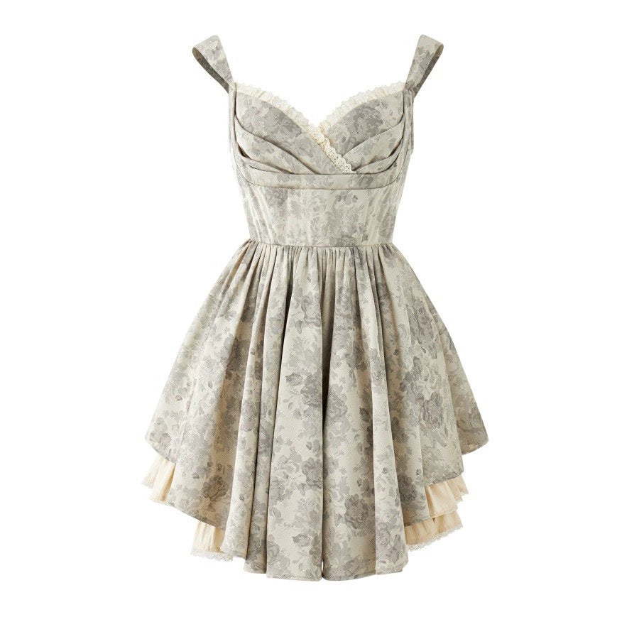 csk Cupid Wooden Rose Doll Retro Oil Painting Vest Dress Women's Waist Slimming A-Line Skirt