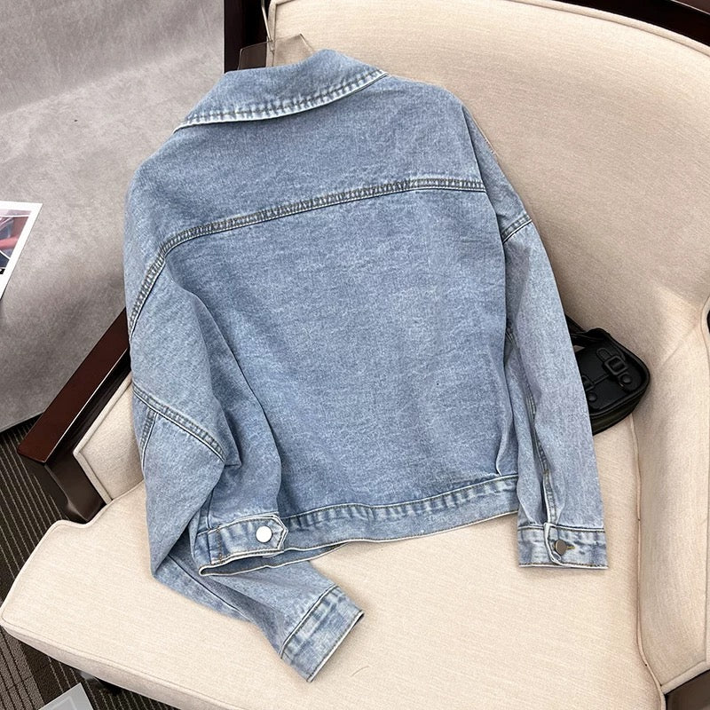 Short denim jacket women's spring and autumn 2025 new style small fragrance loose Korean version of heavy beaded jacket top trend