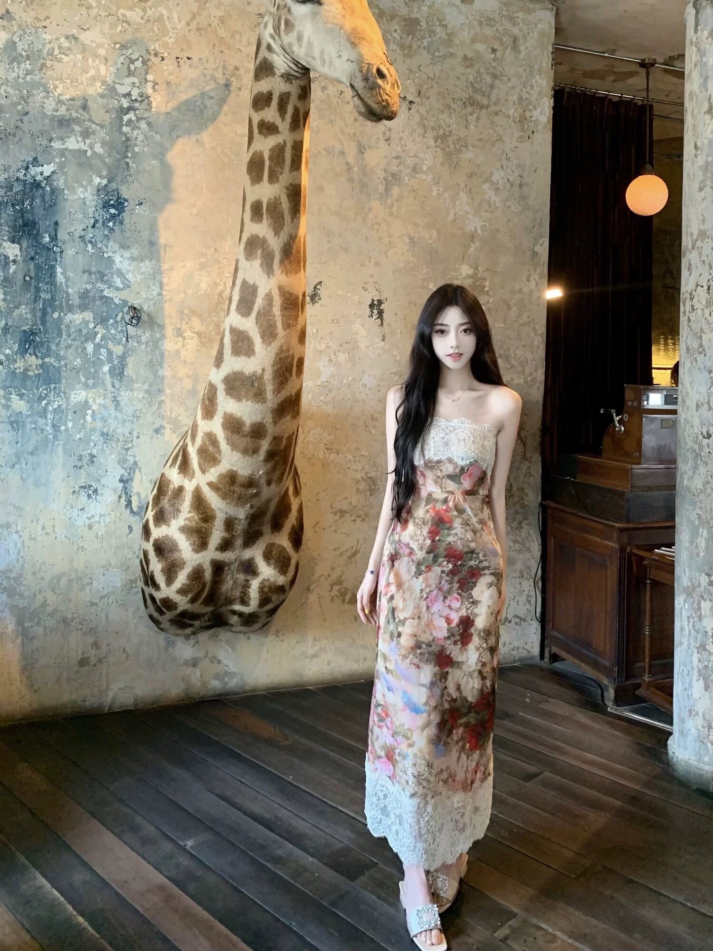 J11 Studio/Fanhua niche A-line waist slimming long lace printed suspender tube top dress for women