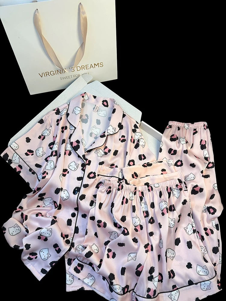 Pink sweet and cute Kitty print ice silk pajamas women summer short-sleeved shorts and long pants home clothes three-piece set