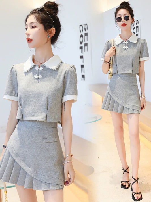 Sexy Chinese-style college style suit for women, summer national trend, improved buckle, doll collar, knitted top, pleated skirt, two-piece set