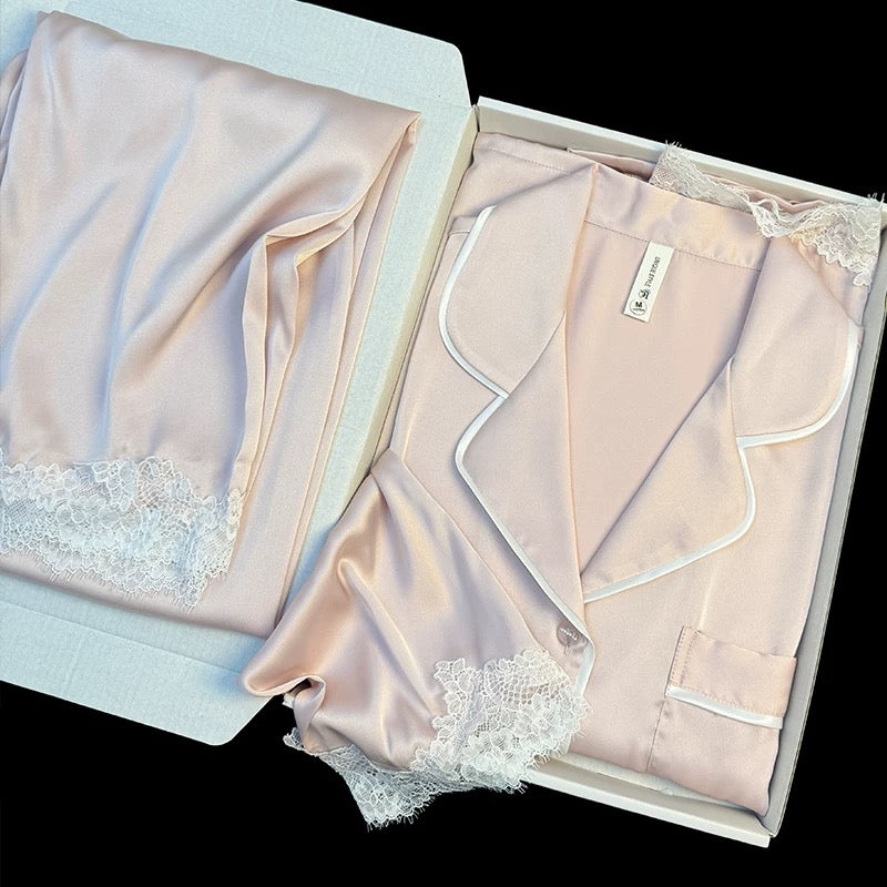 Pure color lace splicing light luxury elegant style ice silk pajamas women's spring and autumn high-end long-sleeved comfortable home clothes suit