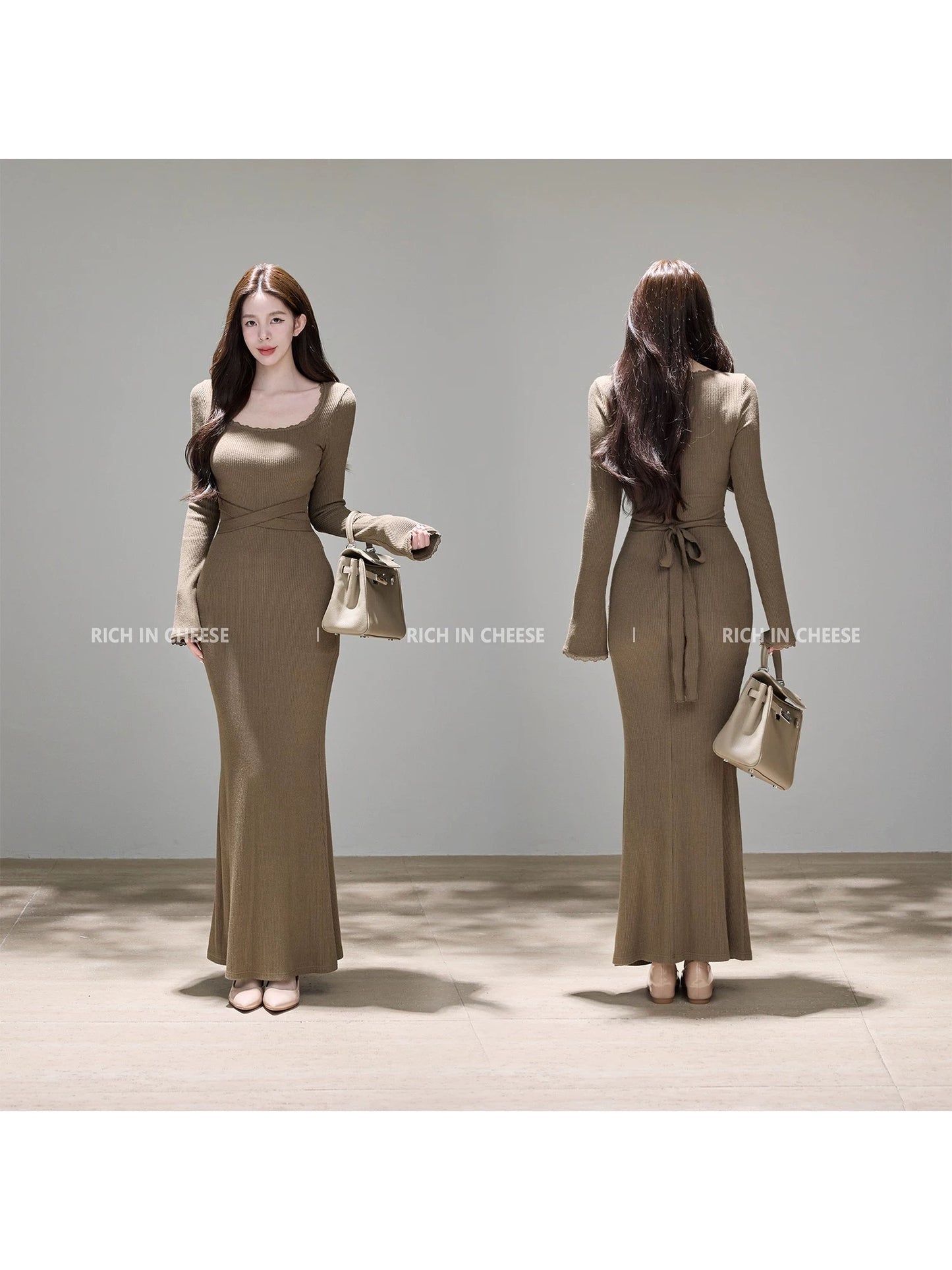 Shu Hulei, a classic beauty, wears a V-neck color-blocked long-sleeved knitted dress for winter, featuring a slimming waist and perfect as an inner long dress.