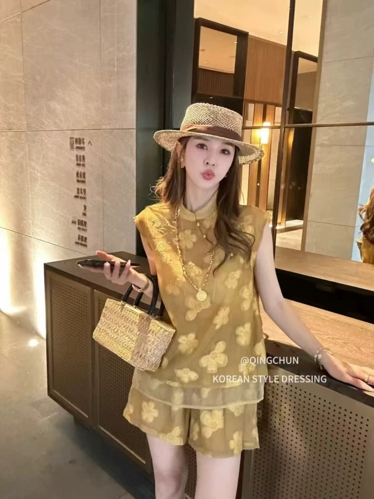 New Chinese style national style flower embroidered vest vest + shorts two-piece suit female 2025 summer new suit