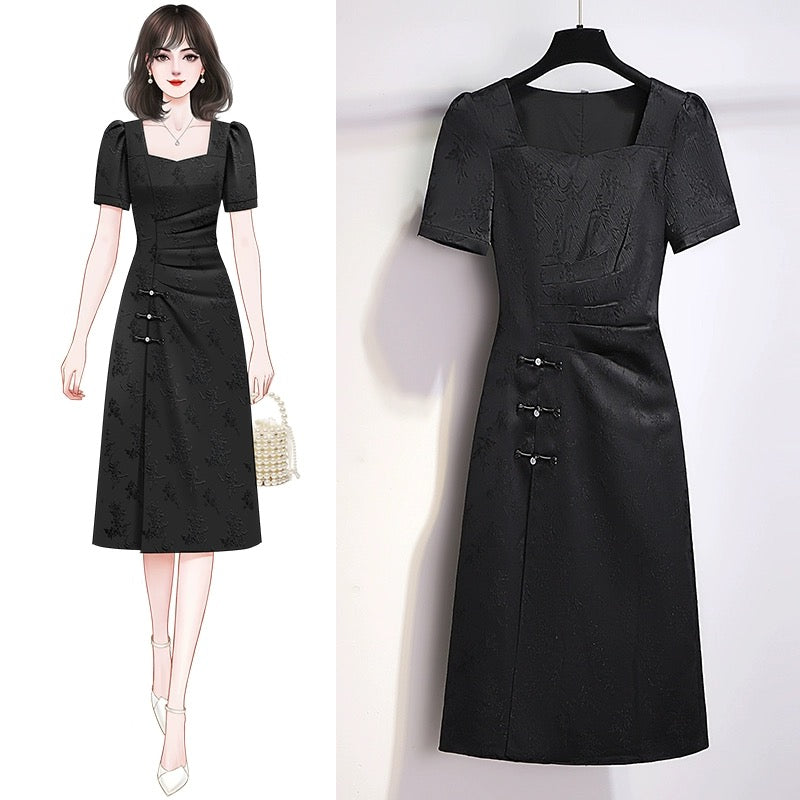 New Chinese style improved cheongsam dress 2024 new summer national style women's French square collar slimming skirt