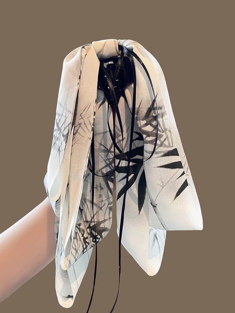 New Chinese style ink painting bow ribbon grabber half-tied hairpin female back of head shark clip ancient style Hanfu headwear