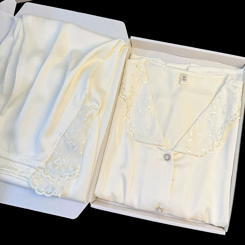French new style palace style ice silk pajamas women's summer sweet lace embroidery long sleeve trousers home clothes suit