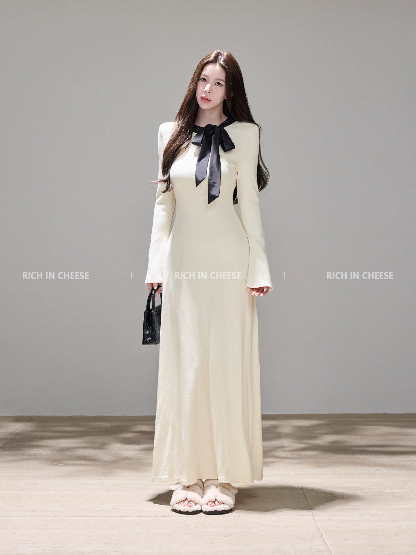Shu Hulei White Butterfly French Style Bow Tie Color Block Long Knitted Dress for Women (Winter)