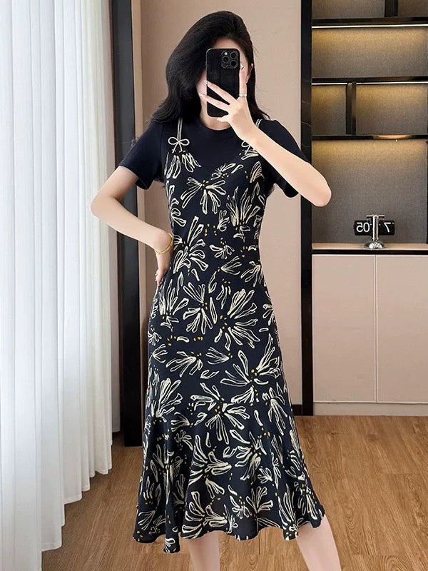 Large size French fake two-piece waist-covering fishtail T-shirt skirt fat girl summer temperament age-reducing slim floral skirt
