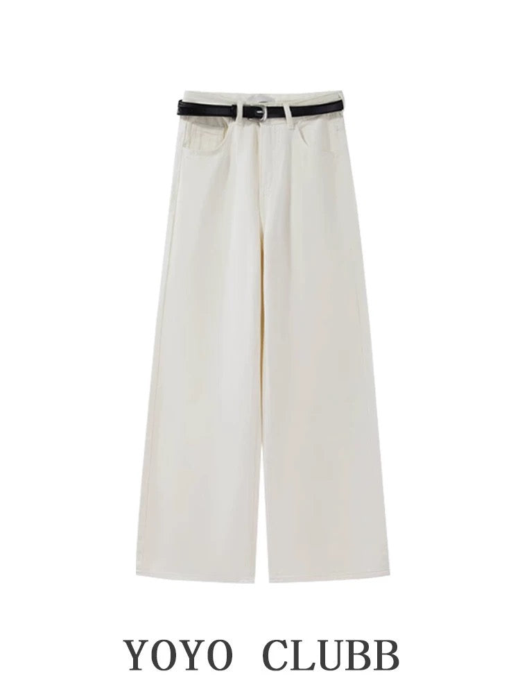 YOYO CLUBB simple and high-end white high-waist jeans autumn large size slimming loose straight wide-leg pants