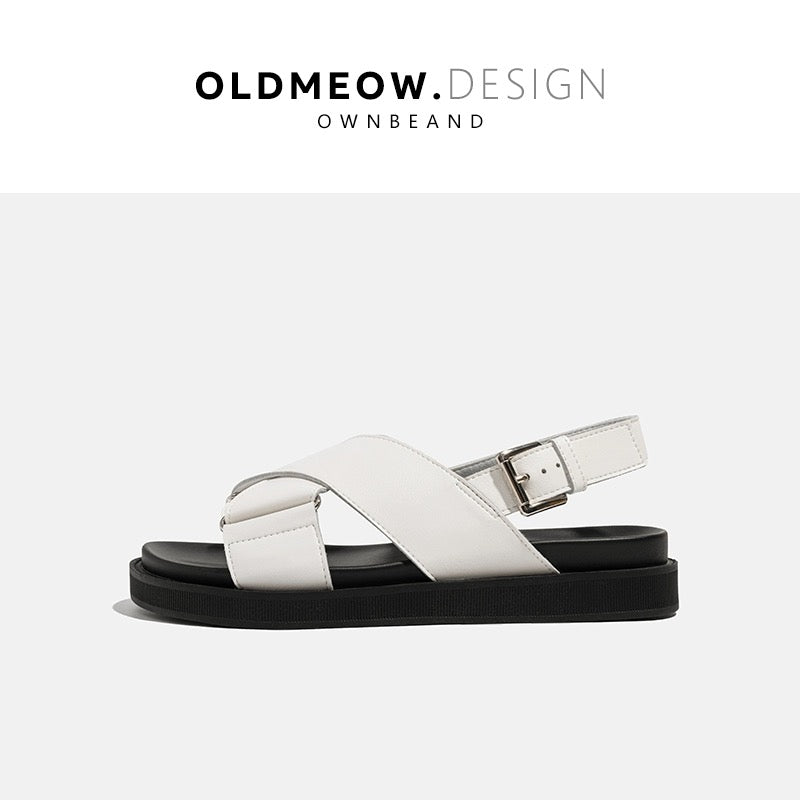 Lao Miao's Shop Genuine leather cross-strap thick-soled sandals for women 2024 new summer outer wear black flat Roman shoes