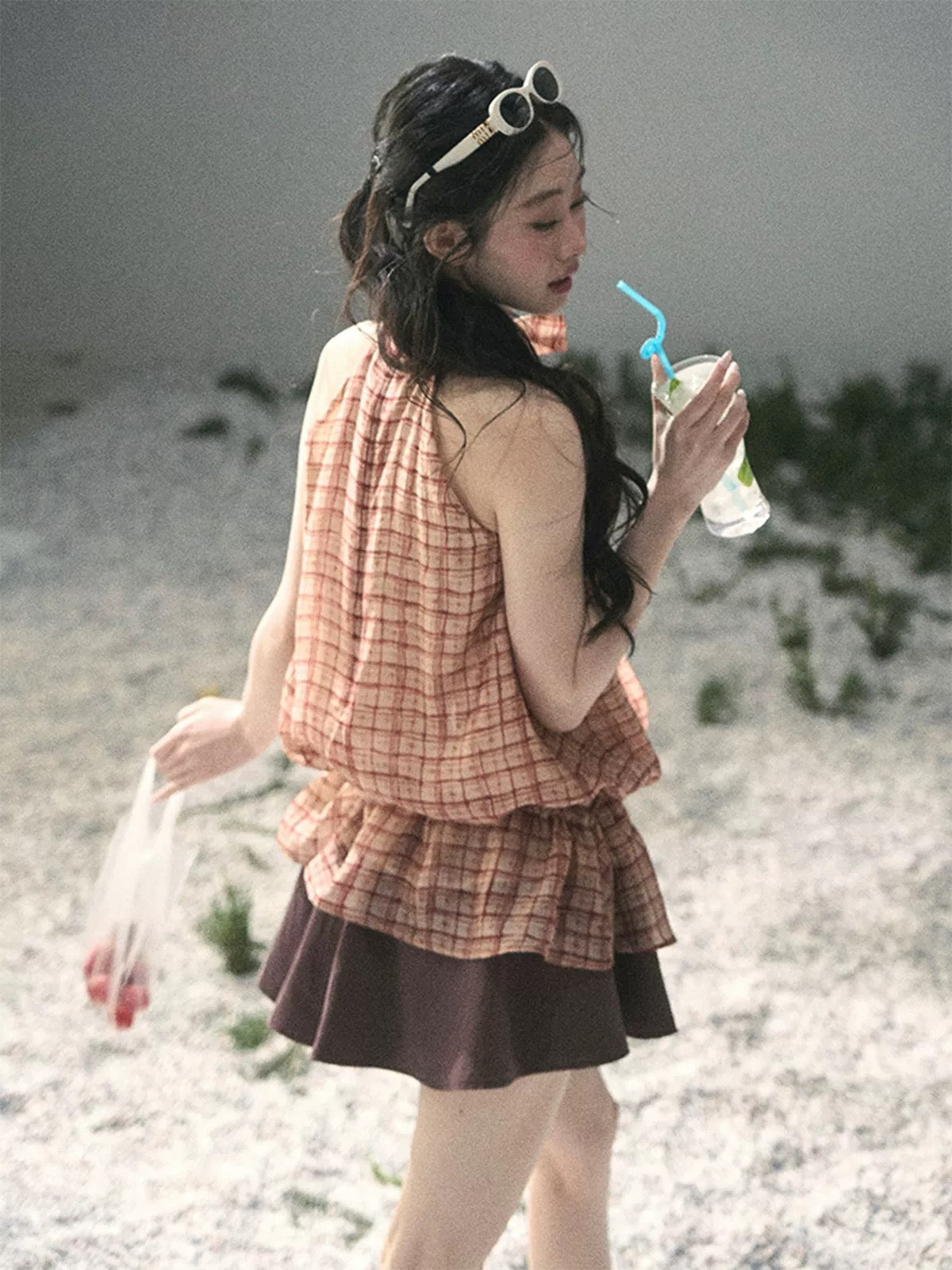 AOMALM's "Maple Whispers" French-style halter neck plaid thin T-shirt for women, spring slimming top.