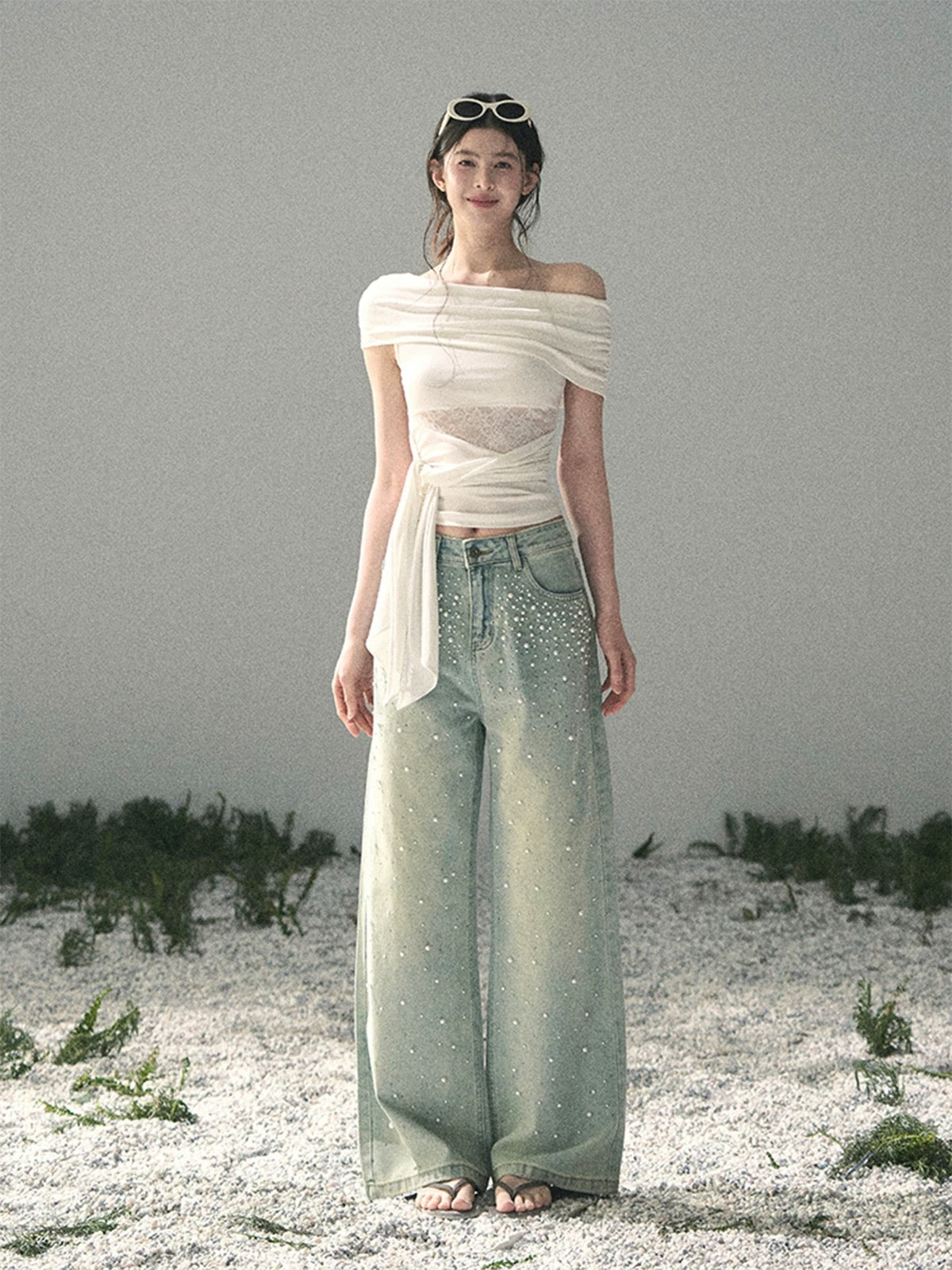 AOMALM's "Cicada's Summer" Short-Sleeve Off-Shoulder Lace Hollow-Out T-Shirt for Women, Summer Short Sexy Top