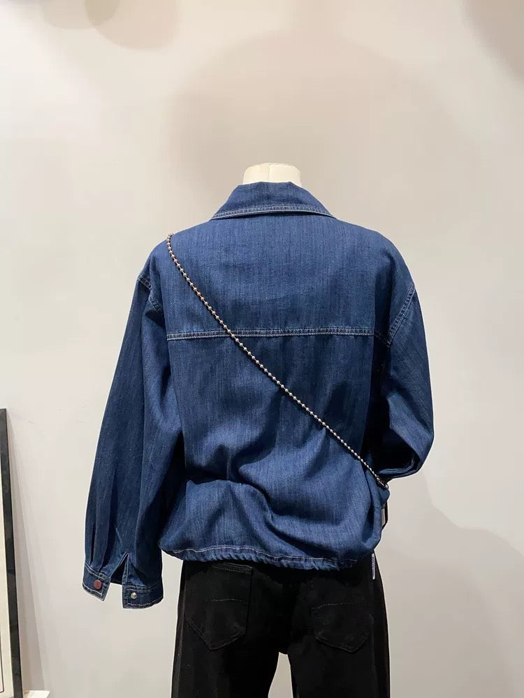 Fashionable special! Retro double pocket hem drawstring lapel denim shirt women's spring casual small size jacket trend