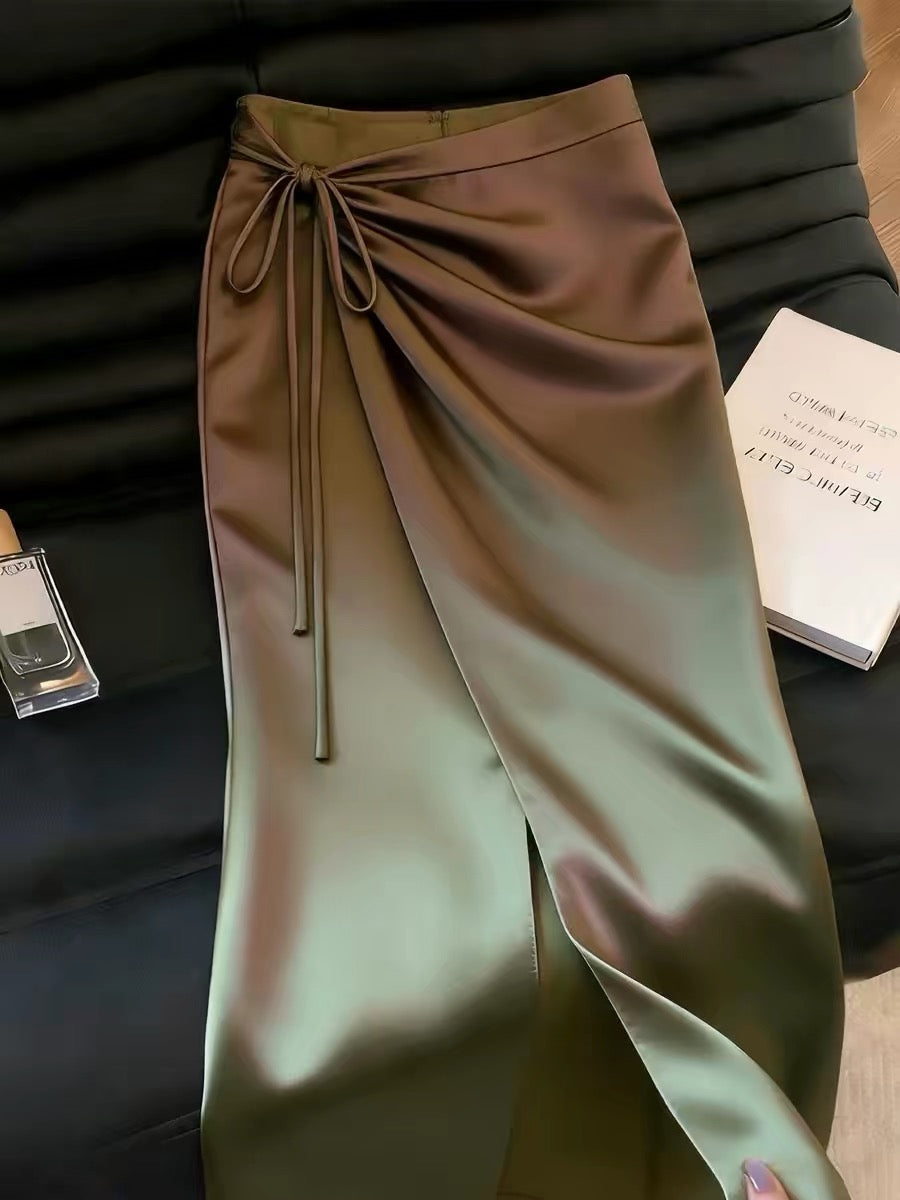 Women's Green Satin Slit Skirt – 2026 Summer New Arrival: Slimming, Sophisticated, and Premium-Quality Style