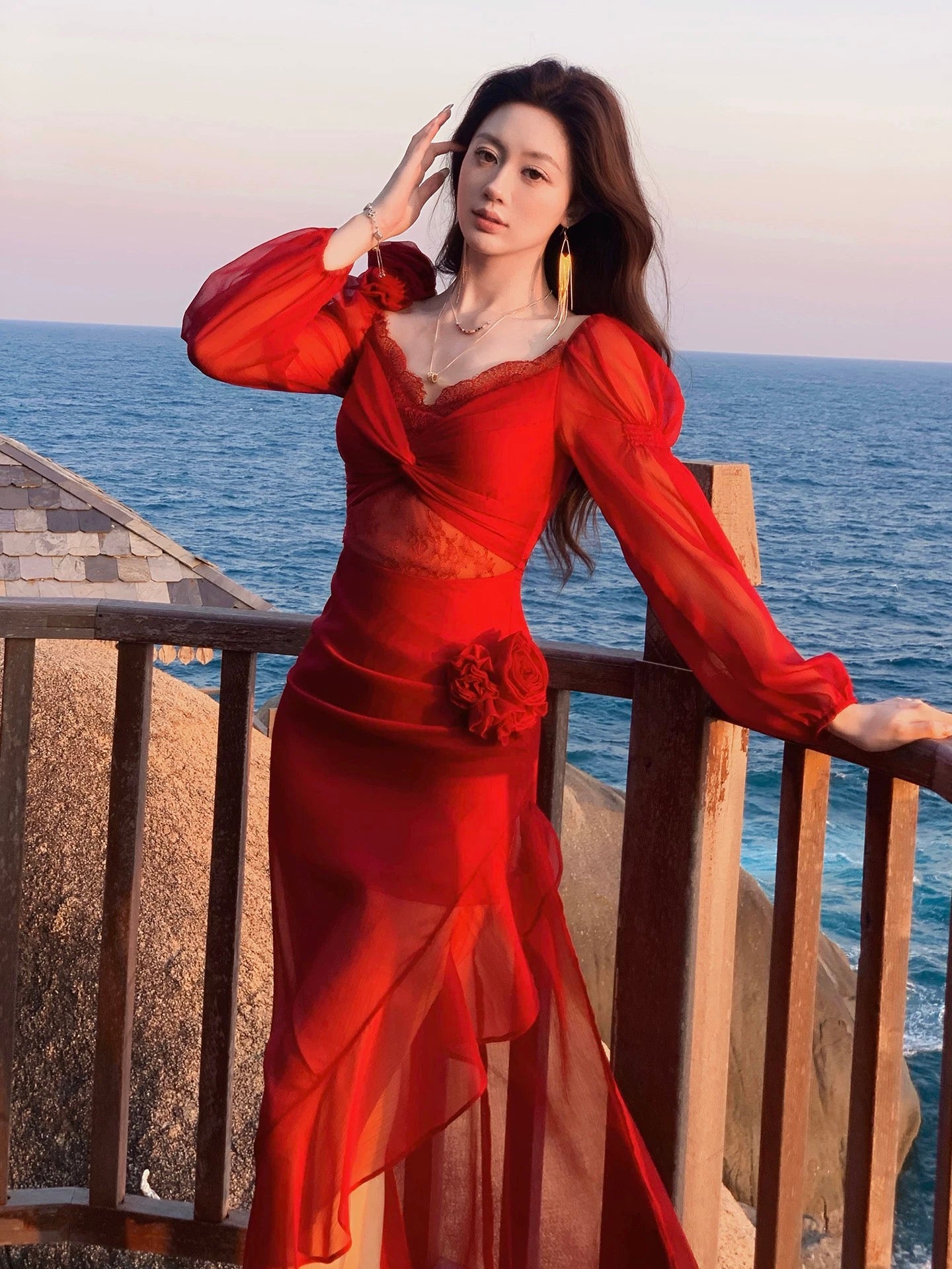 Good Job: 【Misty Rose】French Satin V-Neck Red Mesh Dress, Long Sleeve, Sexy Vacation Dress