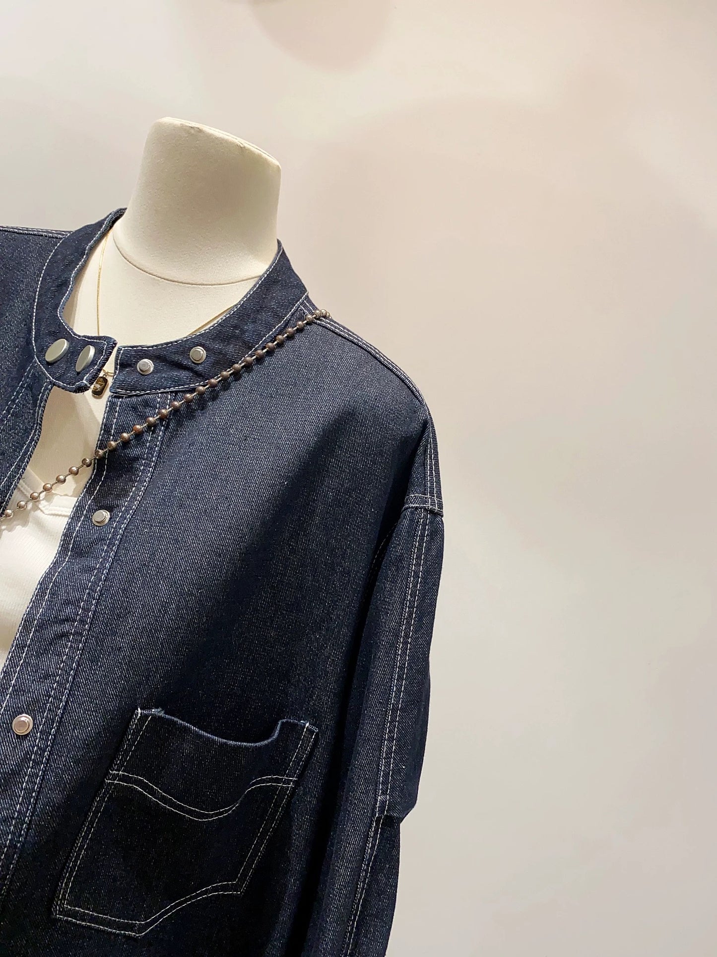 Cool and cool~2025 autumn new loose casual versatile slim retro style round neck double button denim jacket
