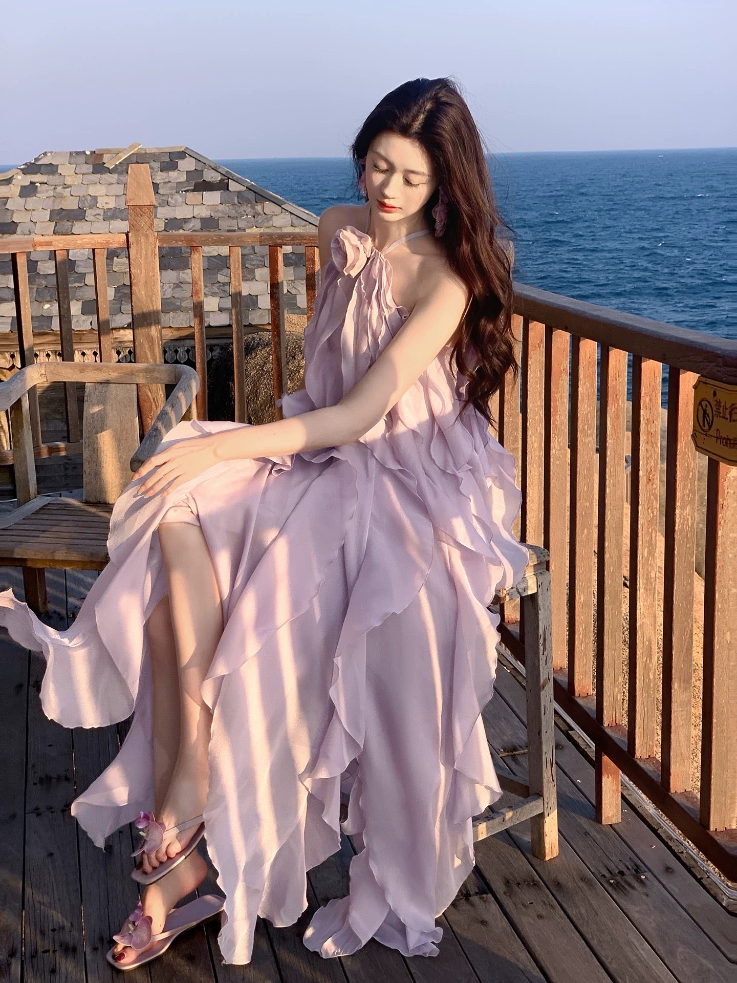 Good Job【Azure Glow】French Style Beach Vacation Sundress for Women, Summer Off-Shoulder Ruffled Long Skirt