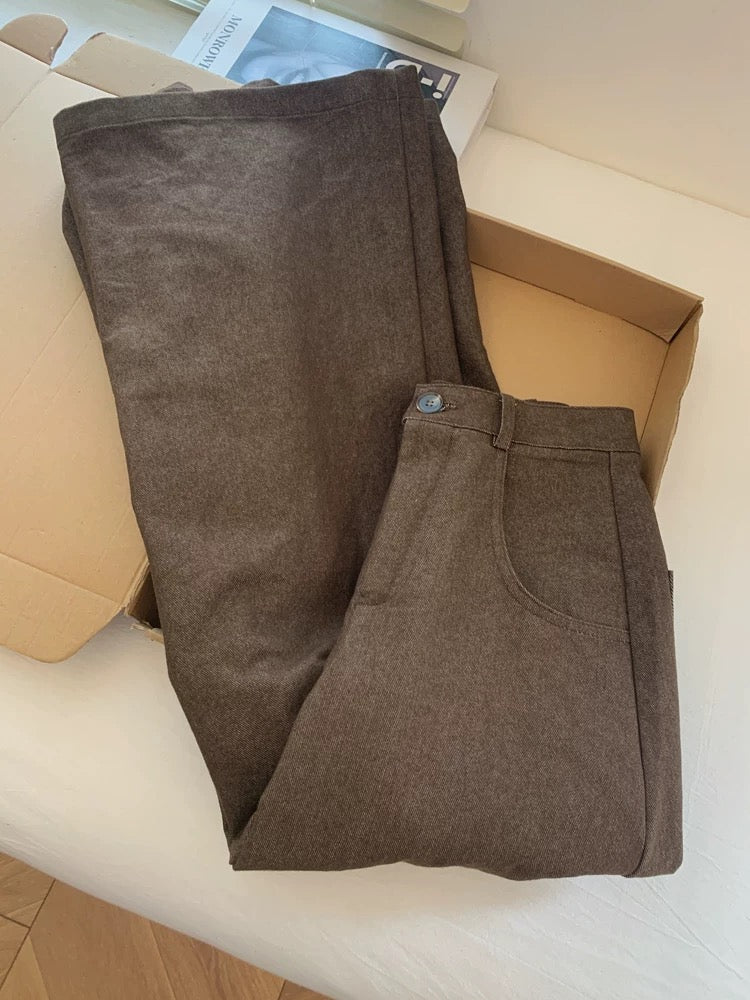 Brown cropped casual workwear wide-leg trousers, loose fit, boyfriend style, relaxed feel, slimming effect, women's wutong trousers