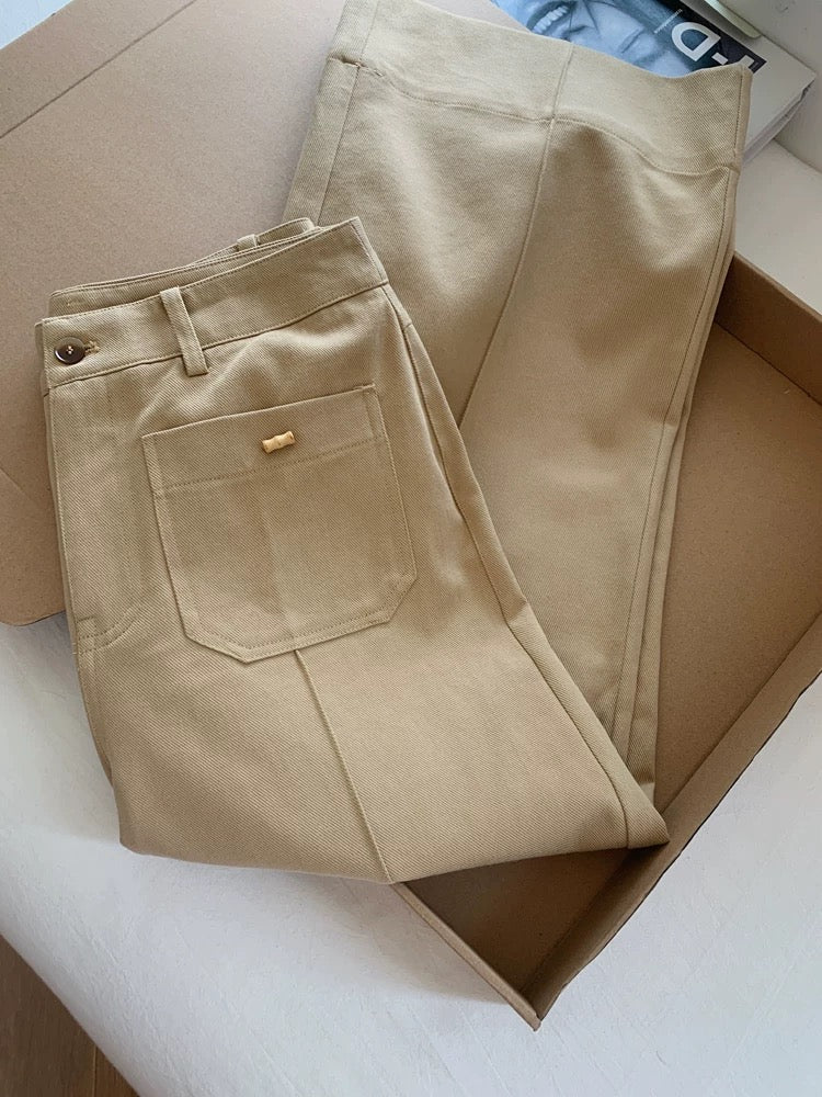 Khaki casual wide-leg suit pants, loose boyfriend style, relaxed feel, women's cropped pants, Korean style