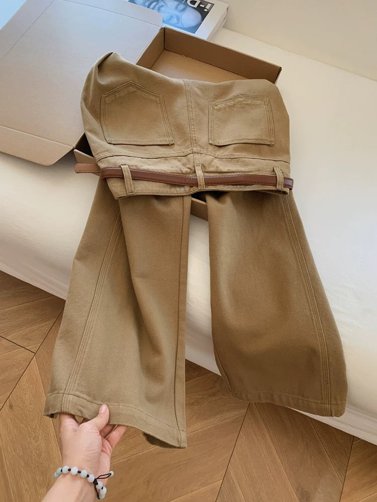 Khaki casual wide-leg cargo pants with belt, loose fit, boyfriend style, relaxed feel, tall and extra long.