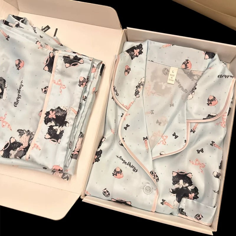 2025 New Style Cartoon Cat Printed Ice Silk Pajamas Women Spring and Summer Long Sleeve Cute High-end Home Clothes Set