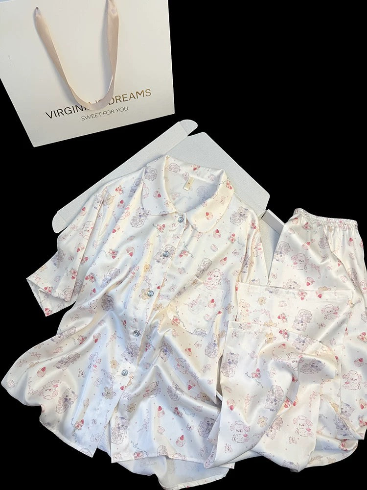 Summer new style ice silk pajamas for women with cute cat prints, sweet doll collar, short-sleeved trousers, home clothes suit