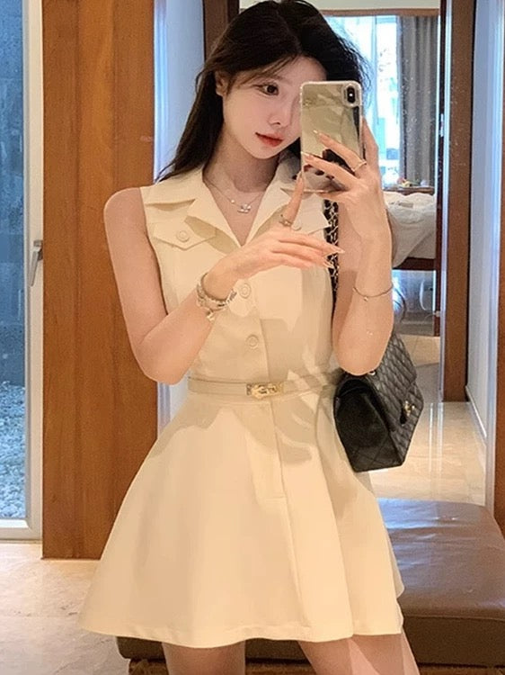 French style high-end sleeveless shirt dress for women, waist-hugging vest, A-line short skirt, beautiful in summer