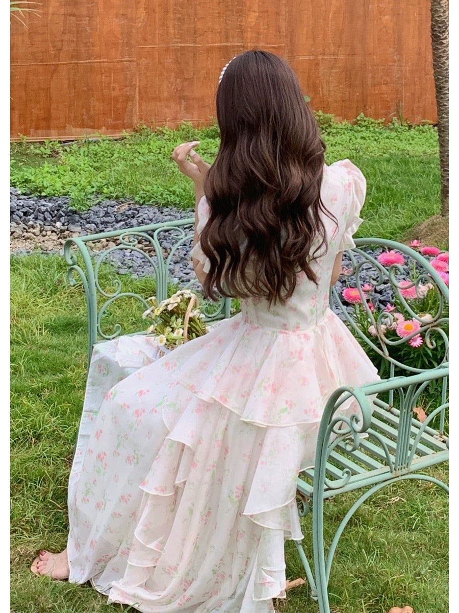 Prince Tang's fugitive princess French pink floral dress ruffled elegant and beautiful birthday dress long skirt