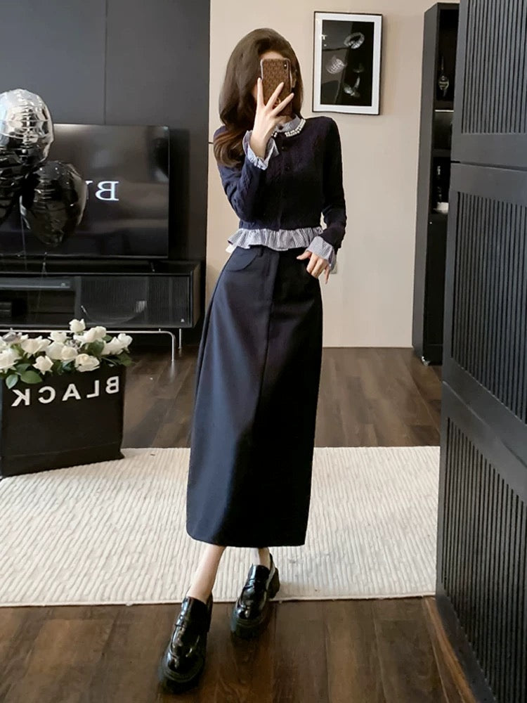 Autumn wear a complete set of fashionable Korean high-end casual knitted tops and skirts two-piece suits for women