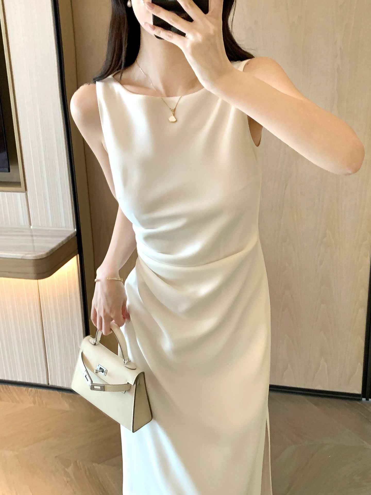 FT GUOGE Women's White Dress, 2026 Summer New Arrival, French Style, Slimming, Sleeveless Suspender Dress