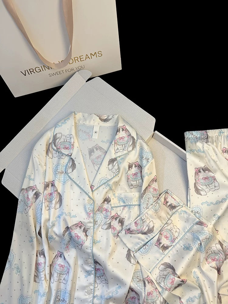 Ragdoll Blue Cat High-grade Ice Silk Women's Pajamas Spring and Summer Cute Cartoon Print Thin Long-sleeved Home Clothes Set