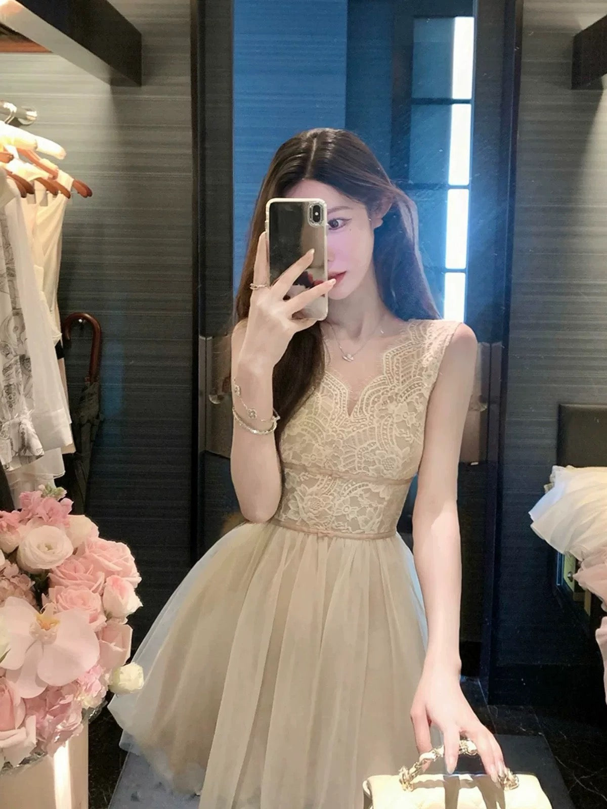 2025 summer new lace sexy waist dress female French temperament vest skirt waist slim short skirt