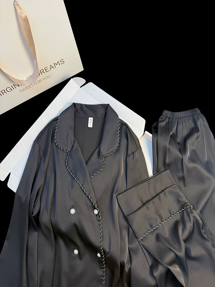 2025 new double-breasted light luxury ice silk pajamas women's spring and autumn long-sleeved comfortable home clothes suit can be worn outside