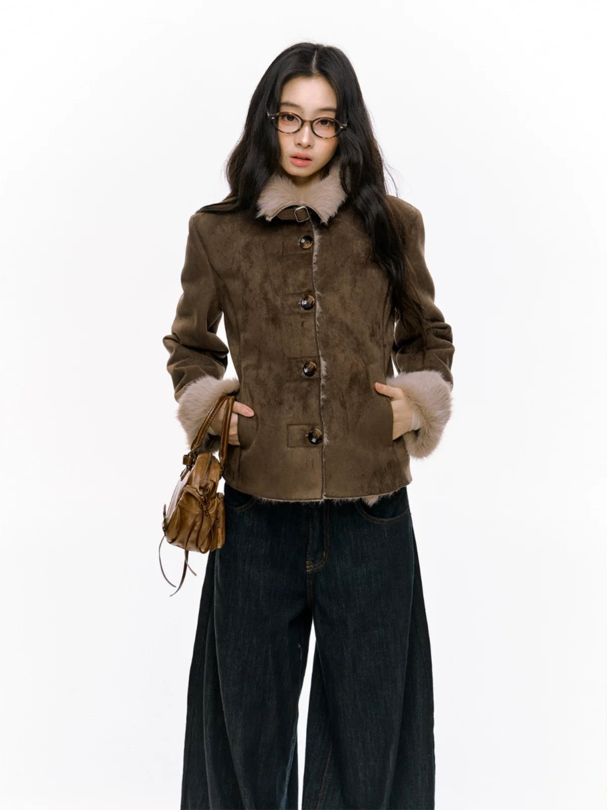 7Shiftin Original Design Autumn/Winter New Two-Tone Slim Fit Plush Coat, Warm Fur-lined Jacket for Women