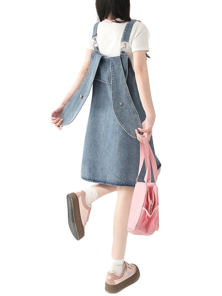 Dopamine wear denim overalls shorts women's summer bunny ears design cute Japanese small pants spring