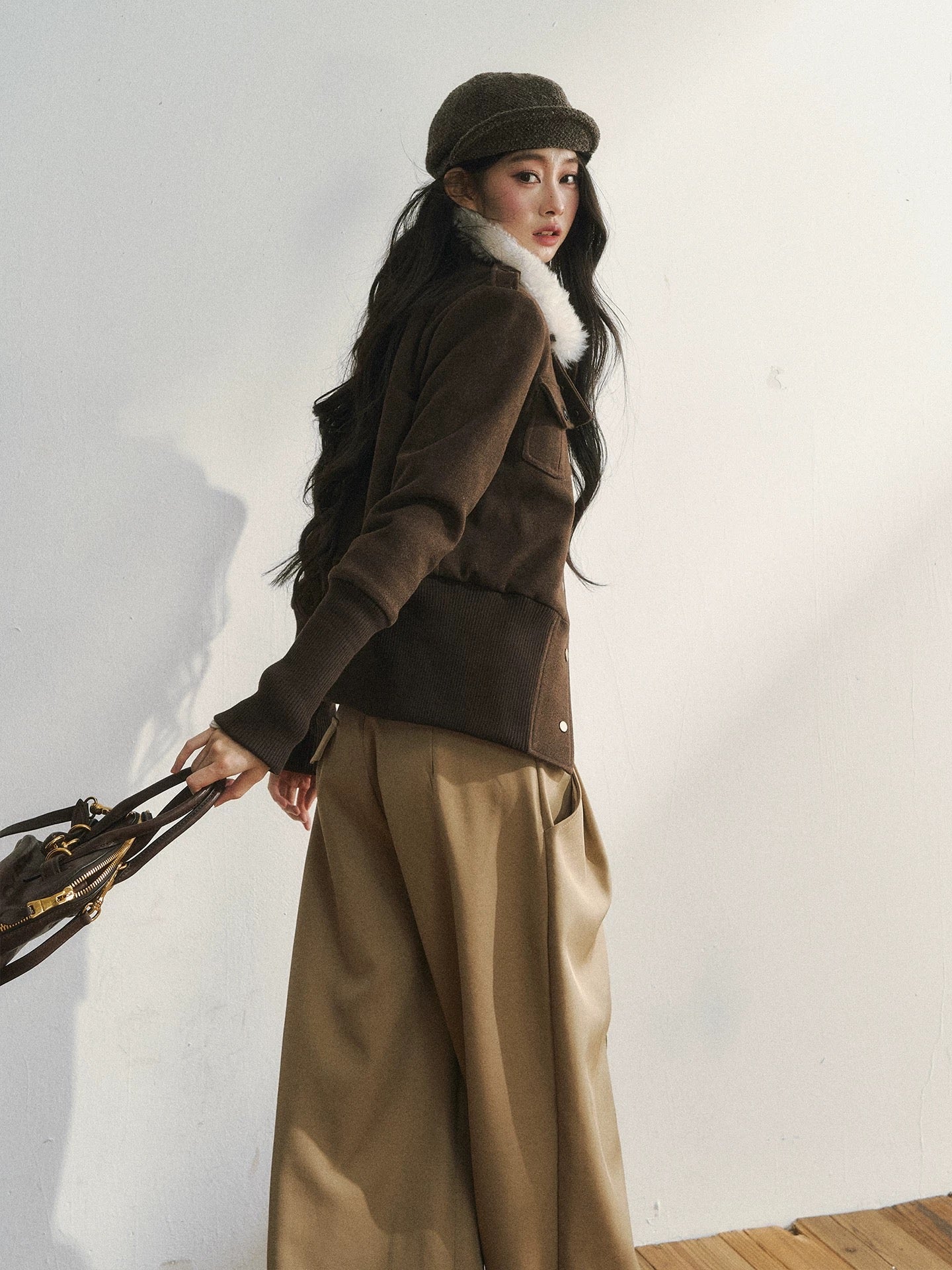 7Shiftin Original Design High-End Retro Casual Slim Fit Fashion Brown Wool Coat Top