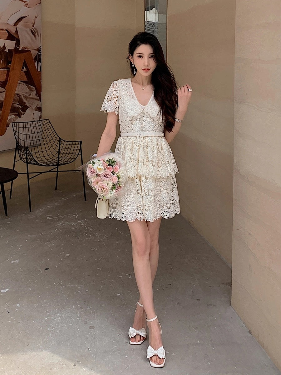 French retro style short-sleeved V-neck ivory lace cake dress waisted short skirt summer women's style