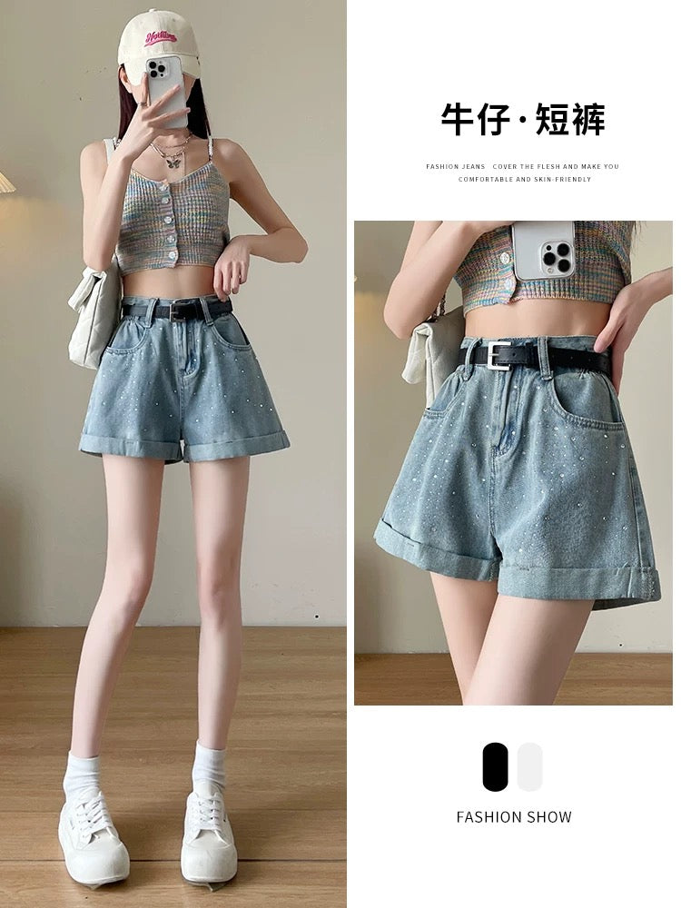 Diamond denim shorts for women wide-leg thick legs to cover the flesh and make you look thinner 2025 summer thin medium-length four-point high-waist A-line version