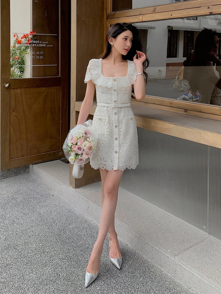 Off-white water-soluble lace sexy square neck short-sleeved waist dress women's new French retro chic skirt
