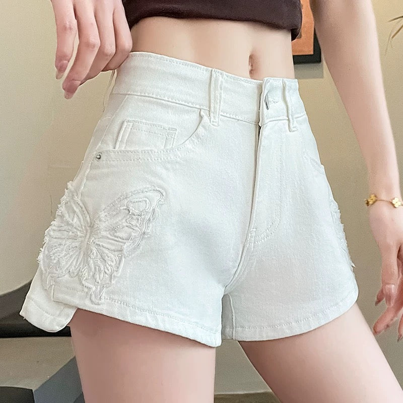 Butterfly embroidered denim shorts women 2025 summer thin sexy plump hip hot girl wear high waist a wide leg hot pants