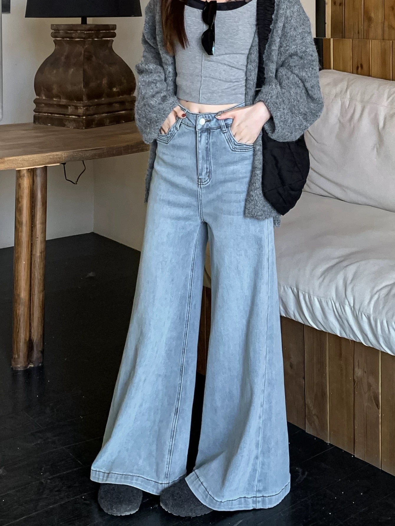 Chocolate Girl Retro Washed High-Waisted Casual Jeans Women's Spring Lazy Loose Floor-Length Trousers with Slight Flare