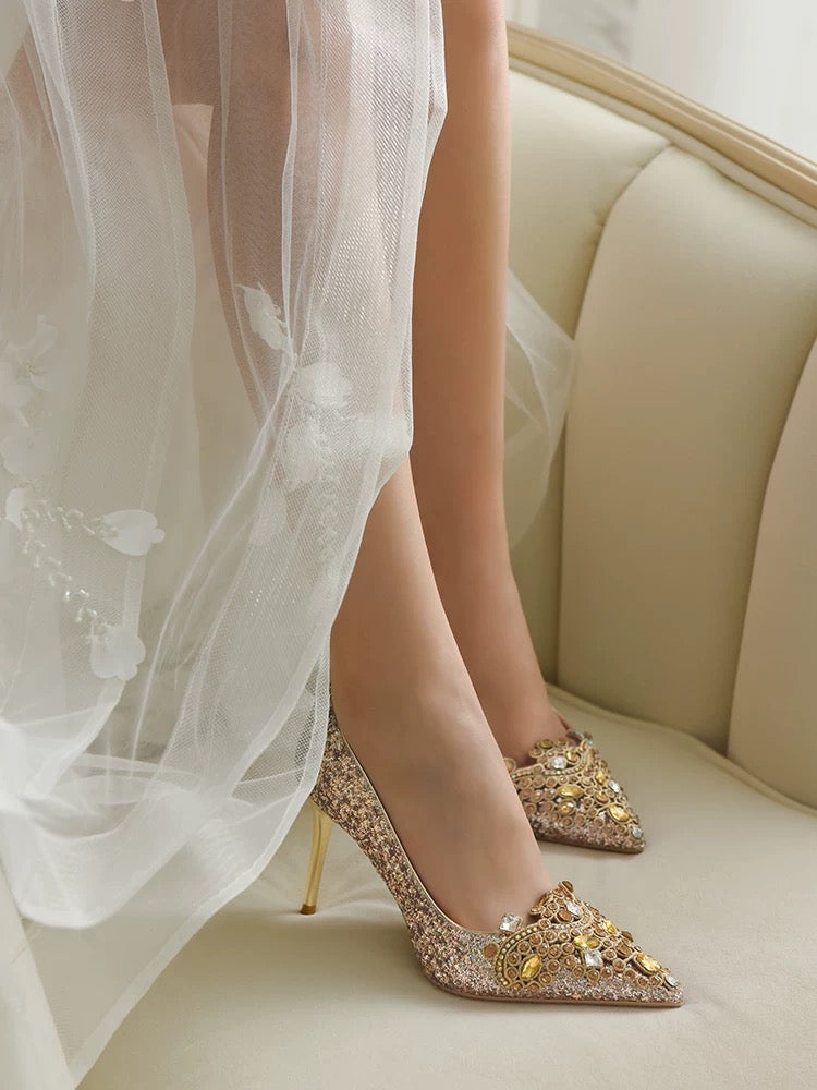 Monobabie Wedding Shoes: Gold Crystal Stiletto Heels – Versatile Bridal Shoes Suitable for Both Traditional *Xiuhe* Attire and Western Wedding Gowns