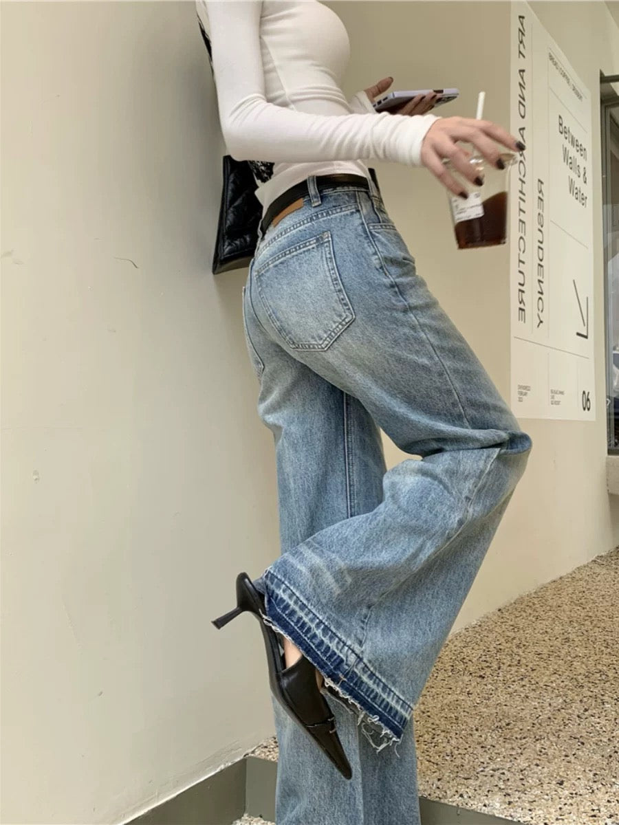 Kumikumi American Retro Blue Washed Distressed Jeans Women's Spring High-Waisted Flared Pants Floor-Length Pants