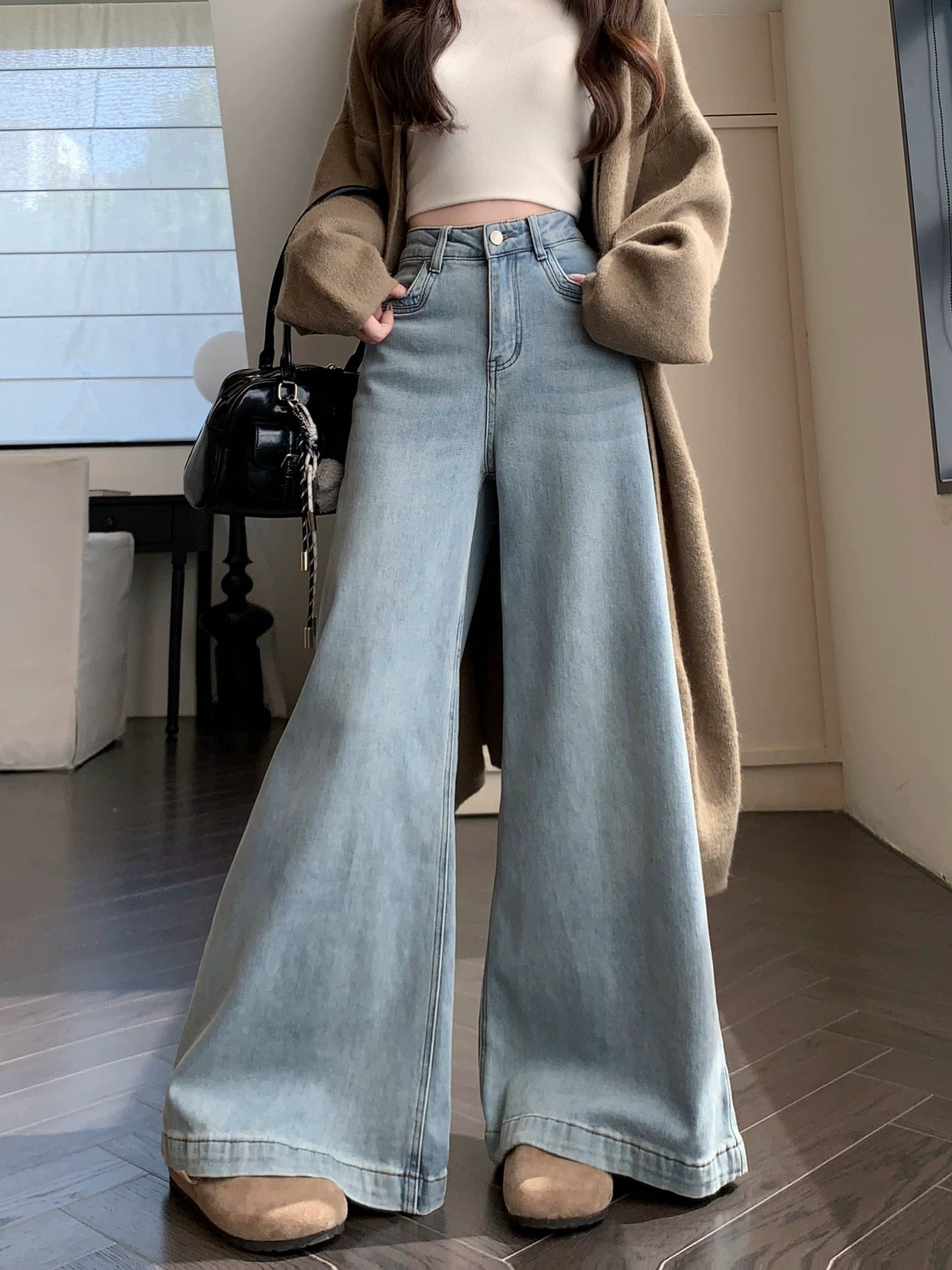 Kumikumi Distressed Washed High-Waisted Wide-Leg Jeans for Women, Spring Style, Loose Fit, Versatile, Slightly Flared Pants