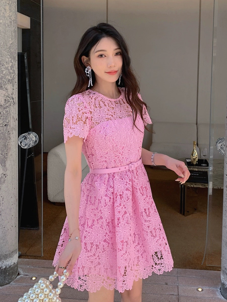 Women's 2024 new style cherry blossom pink lace short-sleeved round neck high-end temperament dress beautiful waist skirt