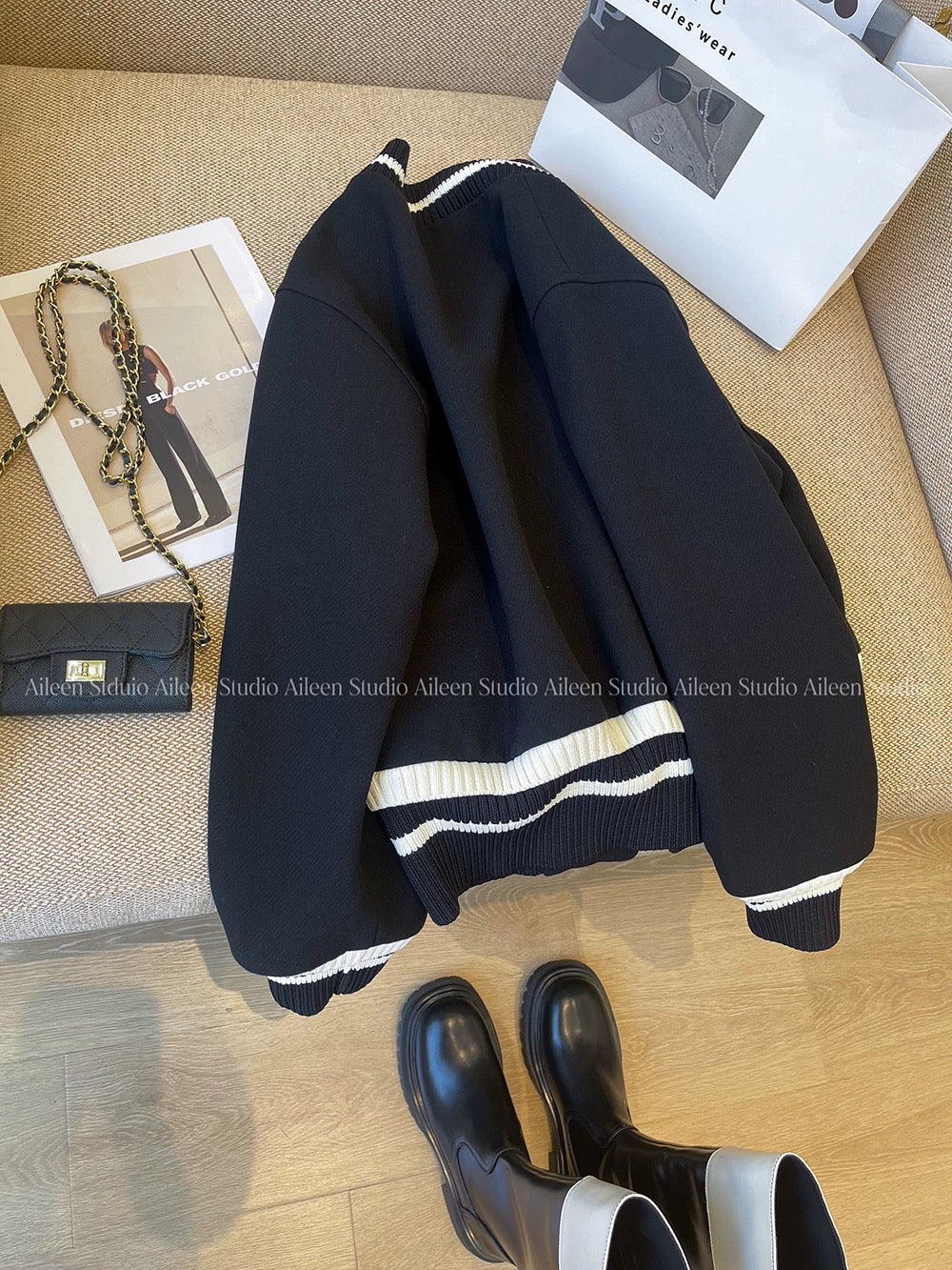 Black baseball jacket top women 2025 autumn new Korean Dongdaemun design short cotton jacket