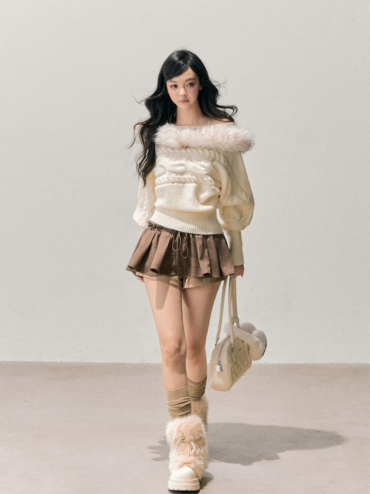 AOMALM's "Tea Fragrance Enveloping the Twilight" Off-Shoulder French Mohair Sweater for Women, Winter Cable Knit Top