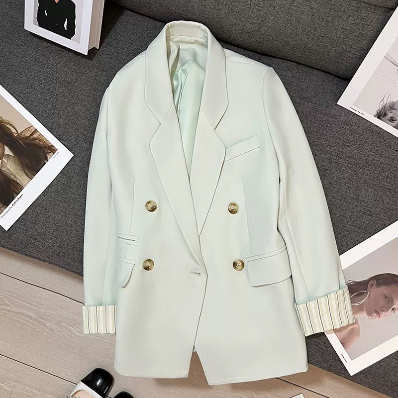 Light green cuff stripe design suit jacket for women 2025 autumn new high-end fashion age-reducing suit trend